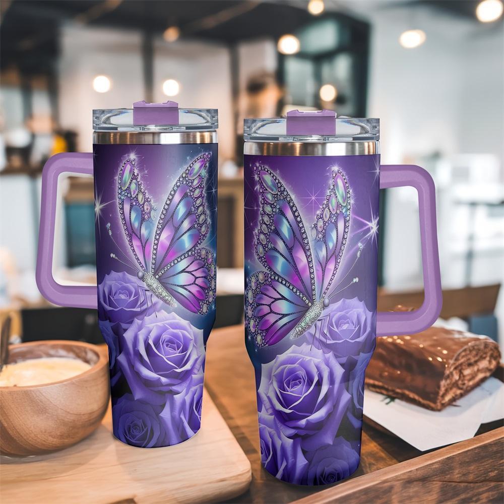 White 40oz Stainless Steel Butterfly & Rose Pattern Tumbler - Vacuum Insulated Drinkware with Lid, Grip Handle, Single Unit Vacuum Flask, Gift for Birthdays or Special Moments for Family, White（With Grip Handle And Lid）