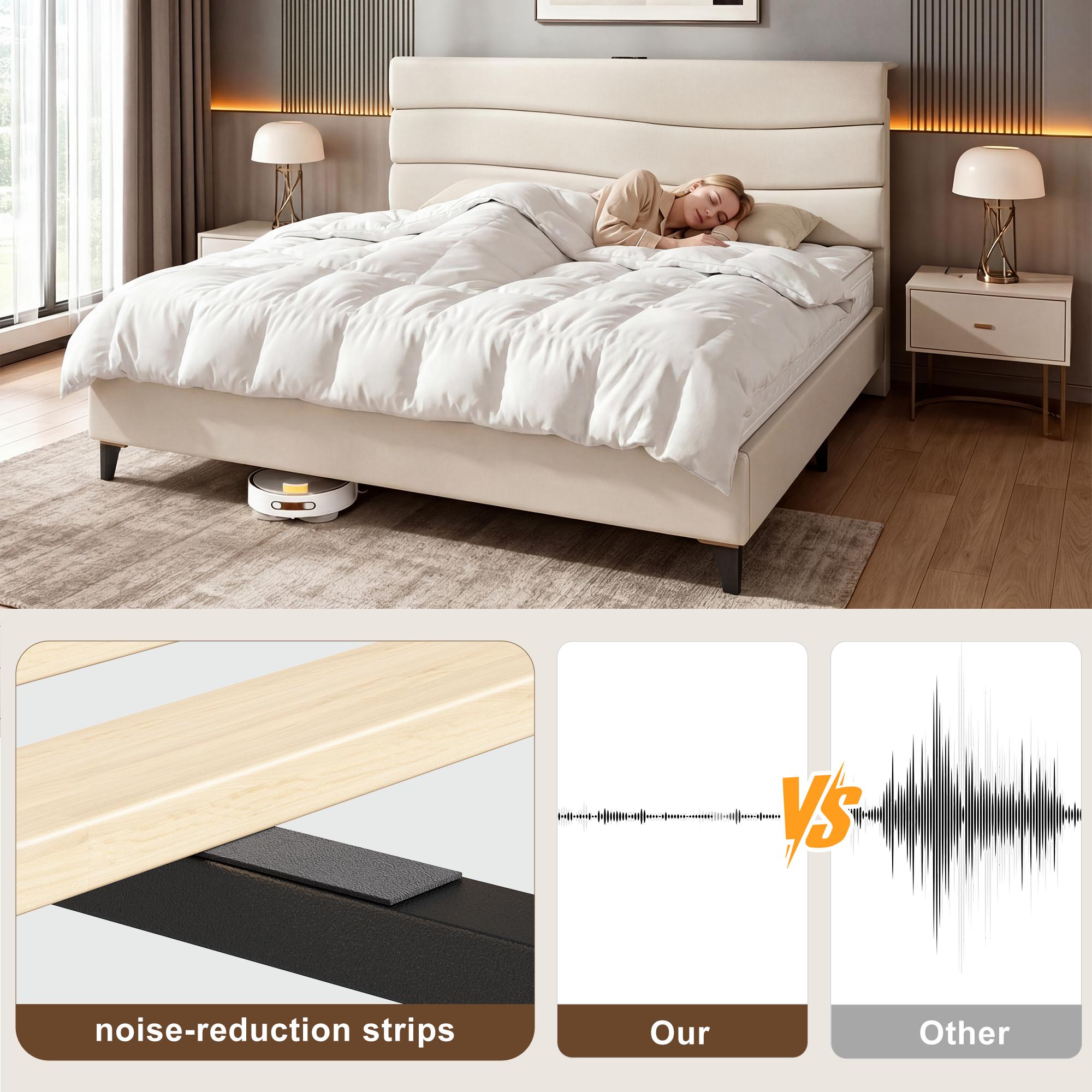 【Spring Glow up】Raybee Modern & Quiet Luxury Upholstered Queen Bed Frame with Adjustable Headboard【Frame ONLY,No Box Spring Needed】Center Support &Noise-Free Wooden Slats,Storage Space & Built-in Charging Station,Heavy Duty&Easy Assembly,best value