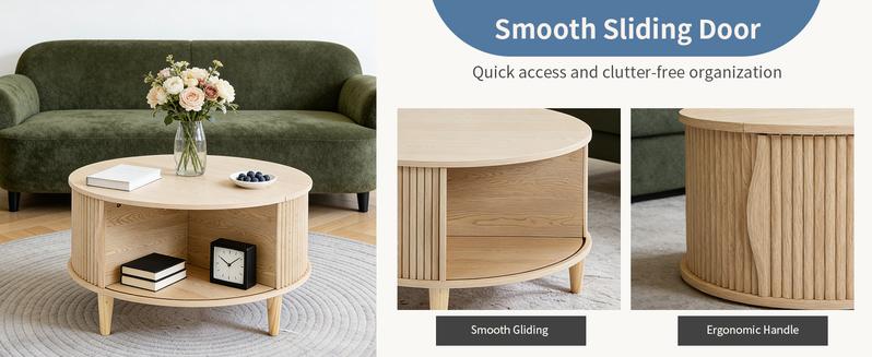 Round Coffee Table, Wood Coffee Tables for Living Room with Storage, 2-Tier Center Circle Counter with Wooded Desktop, 110 lbs Capacity, Anti-Slip Feet, Modern Farmhouse Design