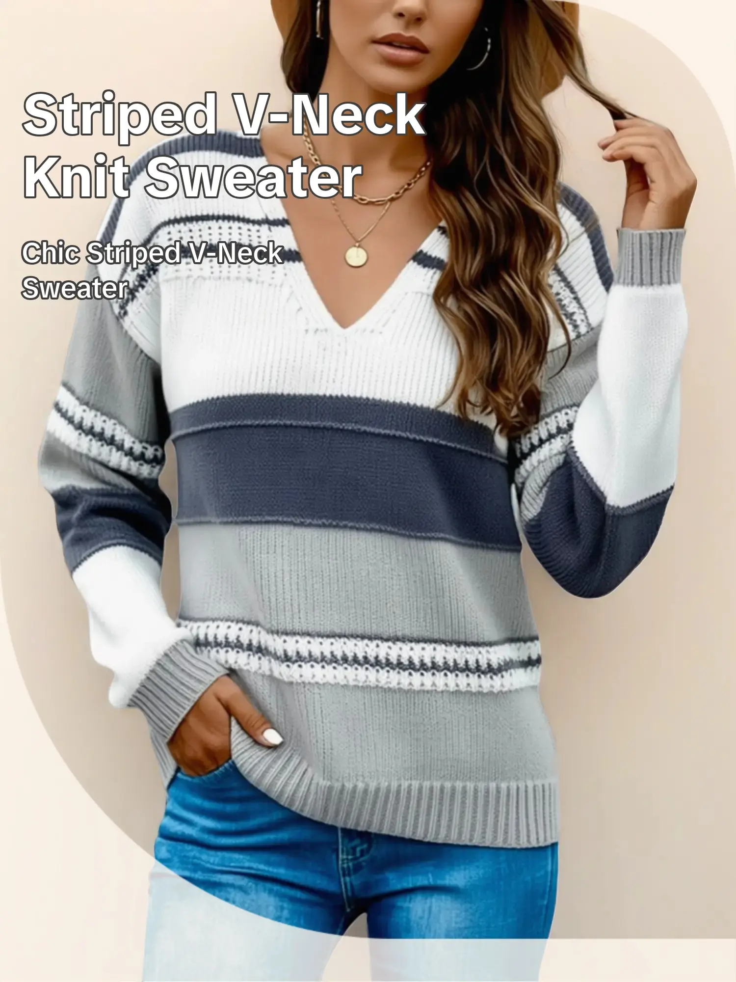 Women's Spring & Fall Fashion Striped Color Block Long Sleeve Sweater Knitwear, V Neck Warm Knit Pullover for Casual and Party Wear