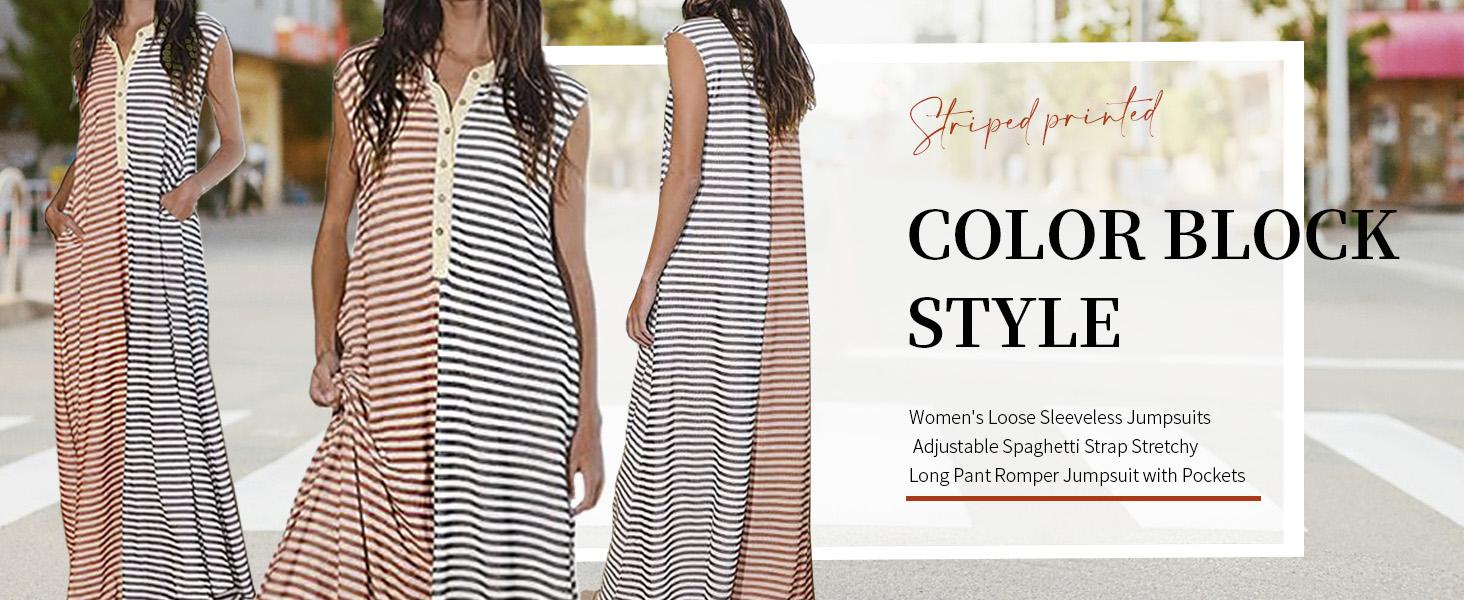 CHARTOU Loose Striped Wide Leg Jumpsuit for Women Summer Romper Flowy Pants Comfy Sleeveless Button Baggy Overalls Casual Clothes