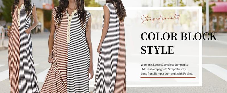 CHARTOU Loose Striped Wide Leg Jumpsuit for Women Summer Romper Flowy Pants Comfy Sleeveless Button Baggy Overalls Casual Clothes