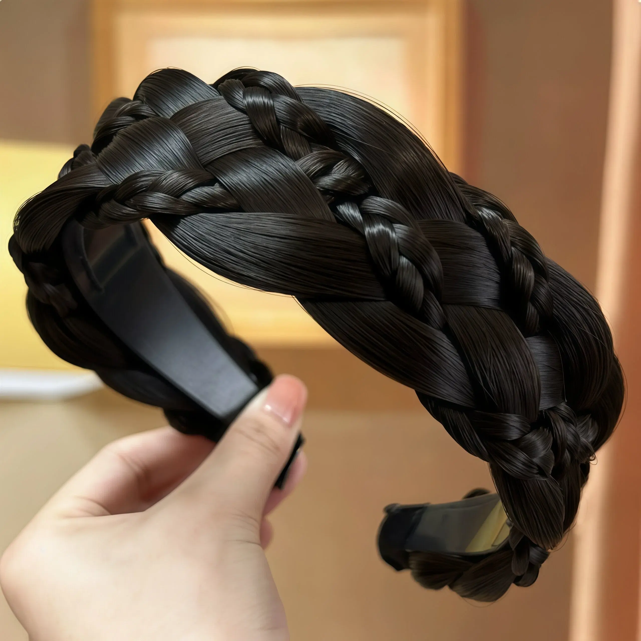 Thick Faux Hair Braided Headband for Women, Non Slip Serrated Teeth Wide Braid Wig Hairband, Natural Simulation Chunky Plaited Hair Hoop, Vintage Daily Makeup Washing Face Fashion Hair Accessory in Black Dark Brown Shades