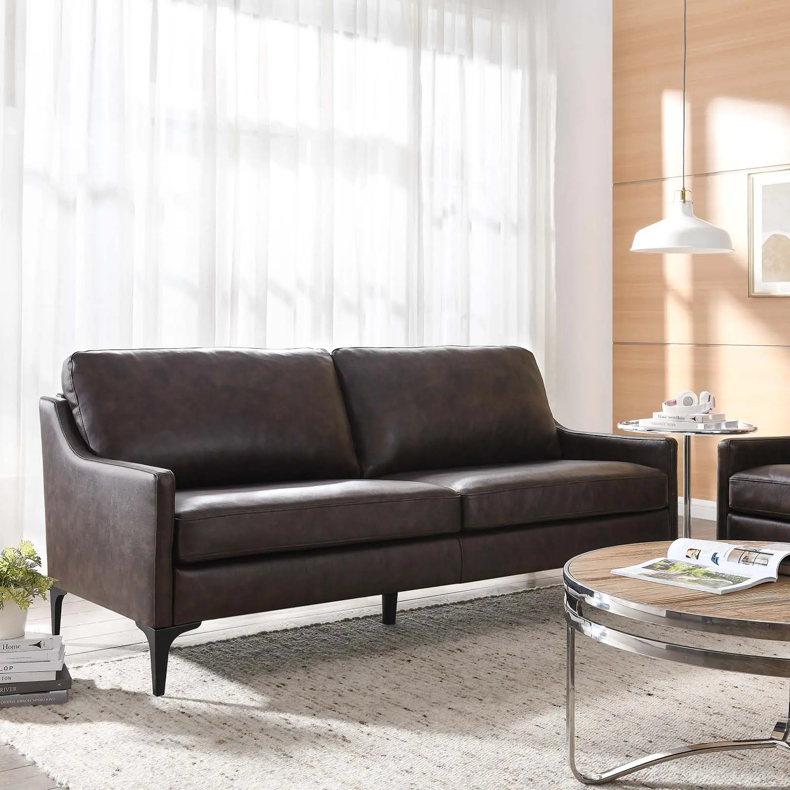 Modway Corland Modern Comfy Leather Sofa Couch - Auburn Brown, Living Room Decor, Furniture Living Room, Entryway, Library Indoor Furniture
