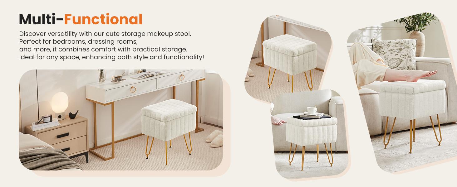 Sweet Furniture F Faux Fur Vanity Stool with Storage, Soft Padded Makeup Footstool Ottoman Seat with Metal Legs, Footrest for Bedroom and Entryway, Adjustable Feet Included Sweet Furniture F Faux Fur Vanity Stool with Storage, Soft Padded Makeup Footstool Ottoman Seat with Metal Legs, Footrest for Bedroom and Entryway, Adjustable Feet Included