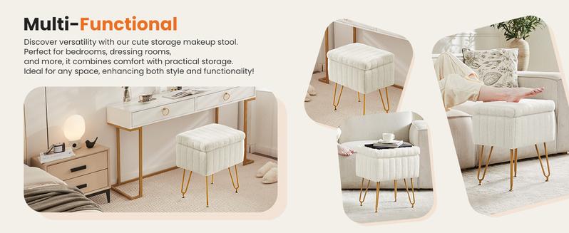 Sweet Furniture F Faux Fur Vanity Stool with Storage, Soft Padded Makeup Footstool Ottoman Seat with Metal Legs, Footrest for Bedroom and Entryway, Adjustable Feet Included
