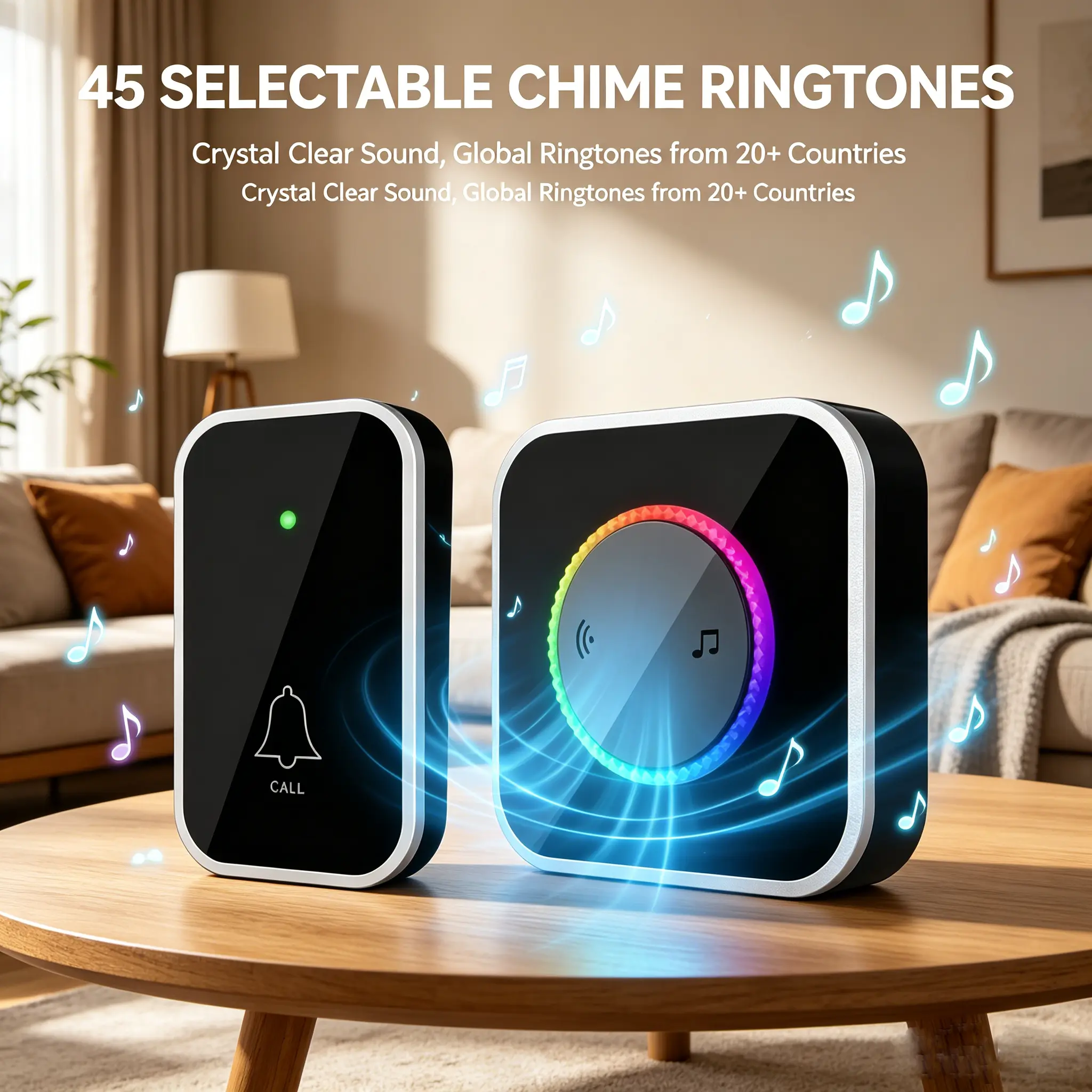 Black Wireless Doorbell Chime Kit - 1000ft Long Range, Waterproof, Easy Installation, 45 Chime Alerts, Adjustable Volume, Colorful LED, Battery-Powered Household Essential for Home, Dorm Room (Batteries Included)
