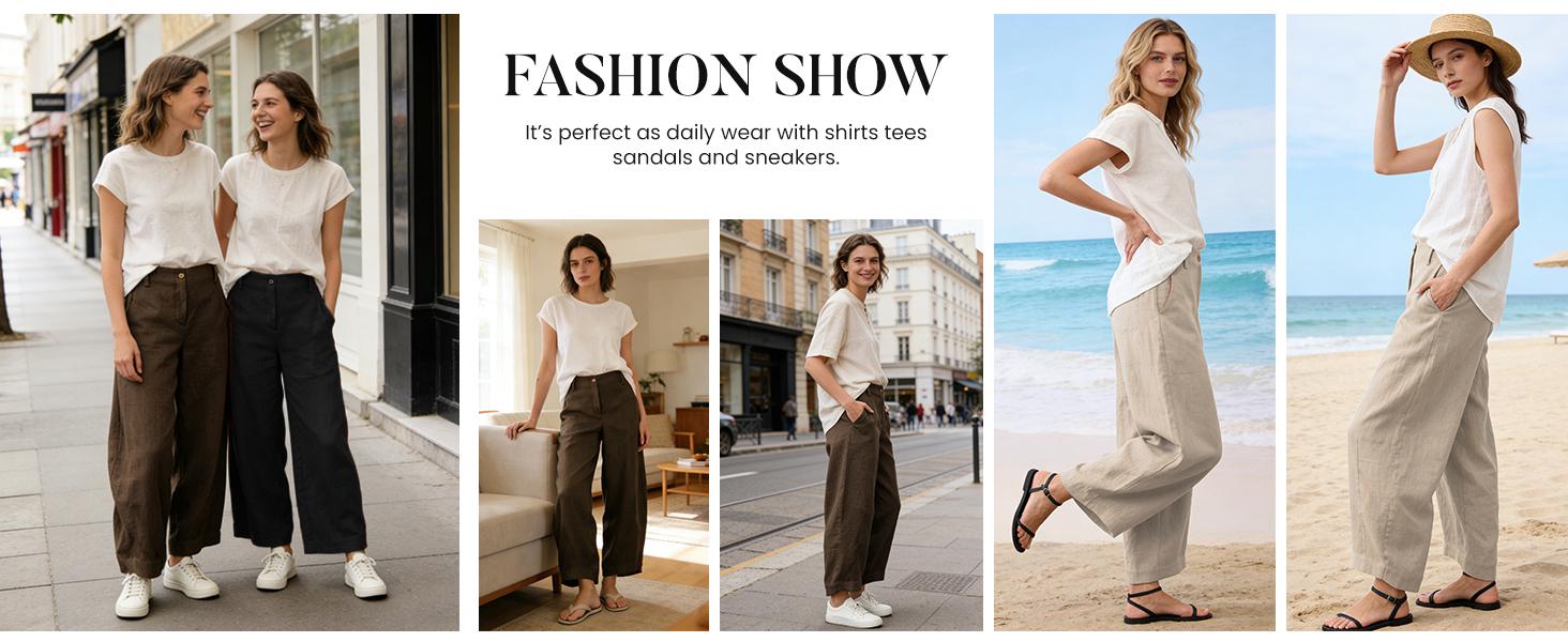 UANEO Womens Linen Pants Casual Capri Baggy Wide Leg Trousers Palazzo Pants Beach Vacation Outfits