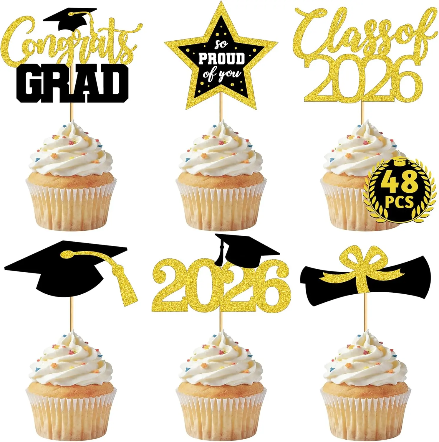 48 Pieces Bamboo Graduation Cupcake Toppers - 6 Glittery Cap & Diploma Styles, Black & Gold 2026 Grad Party Decor, 300g White Cardstock Star & Cap Inserts, 8 Pieces per Design, Congrats Grad Baking Frosting Accents