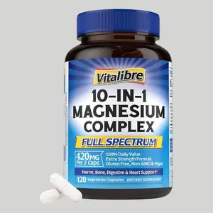 Vitalibre 10-in-1 Magnesium Complex 420mg Elemental Magnesium Ultra Strength Max Absorption Chelated for Sleep Nerves Heart Health Non-GMO 120 Vegan Capsules