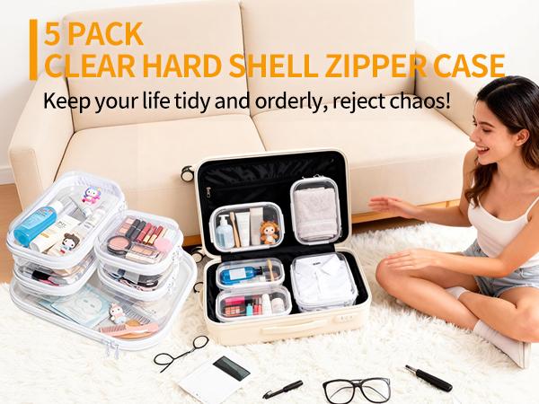5PCS Clear Hard Shell Zippered Case, Diaper Bag Organizing Pouches, Waterproof Cosmetic Bag, Kid's Toy Strage Organizer Bins, Pencil Case, Christmas Storage Bins Clear Hard Shell Zippered Case, Diaper Bag Organizing Pouches, Waterproof Cosmetic Bag