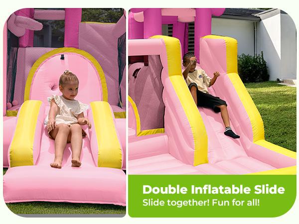 Outfunny Inflatable Bounce House Large Bouncy Castle for Kids with Slide Outdoor & Indoor 450W Blower 6 in 1 Interactive Play Zones Safety First Year Round Fun Gift