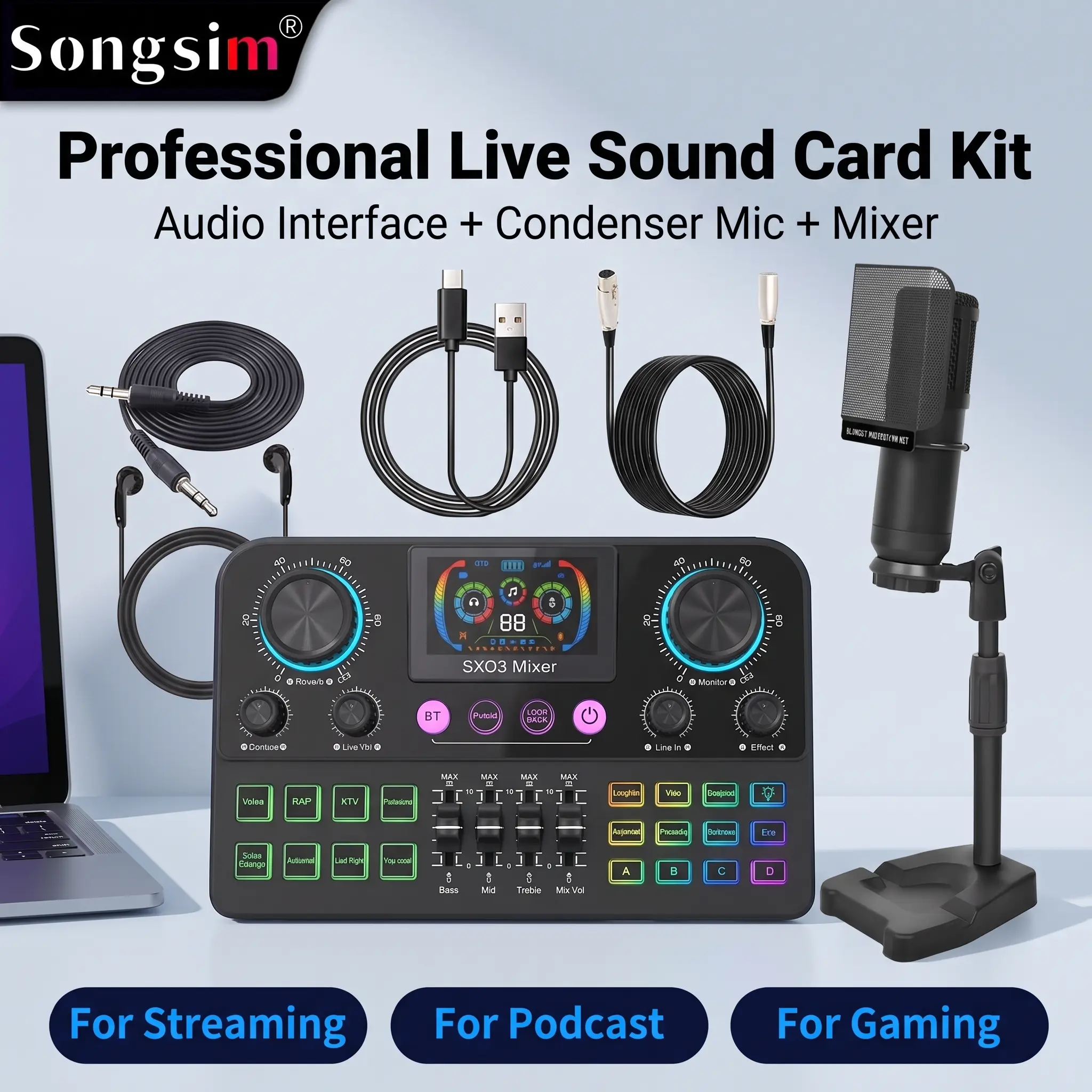 Songsim SX03 Professional All-in-1 Audio Mixer & Condenser Microphone Kit - 1× SX03 Audio Mixer, Black Sound Card Only, USB/Type-C OTG Transfer, Lossless Transmission, Noise Reduction, XLR Input, Cables, Plugs, Buttons for Live Streaming, Recording, Sound