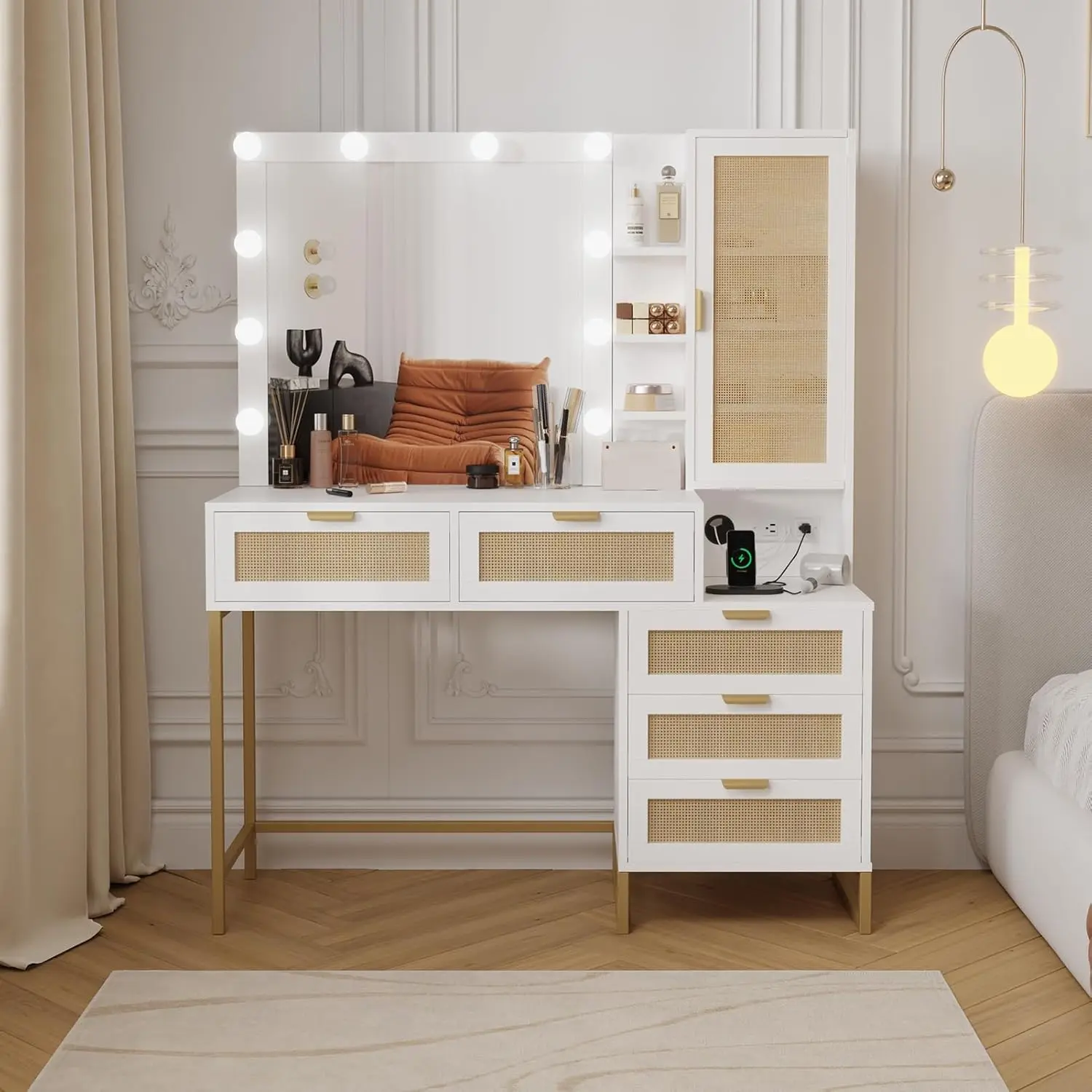 White Modern Rattan LED Makeup Vanity Desk - Bedroom Furniture with 12 Customizable LED Lights, Anti-Tip Mirror, Built-In Power Outlets, Drawers, Large Storage Wood Dressing Table for Women, Vanity With Lights, Women's