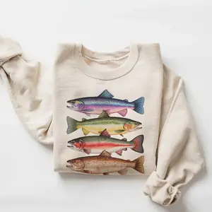 Abstract Colorful Trout In A Row Shirt, River Fish Trout Species Outfit, Fly Fishing Gift, Boho Unisex Crewneck T-Shirt