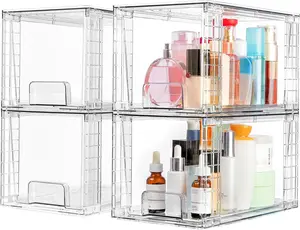 4 Pack Large Stackable Storage Drawers,Easily Assemble Acrylic Bathroom Closet Undersink Organizers and Storage,Plastic Bins for Kitchen Cabinets,Pantry,Makeup,Medicine Organization
