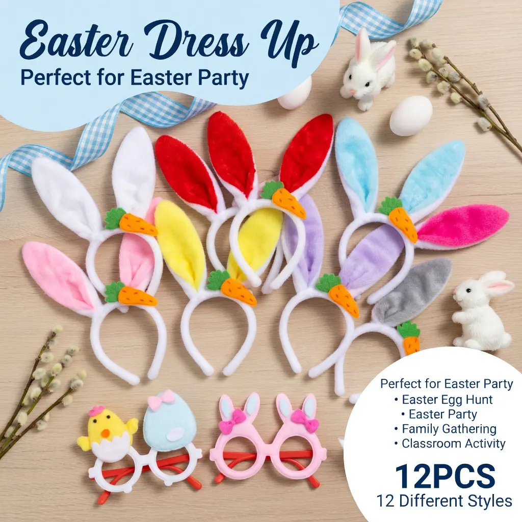 HaloJoy 12pcs Easter Bunny Headband Set – Party Costume Accessories for Easter Celebration