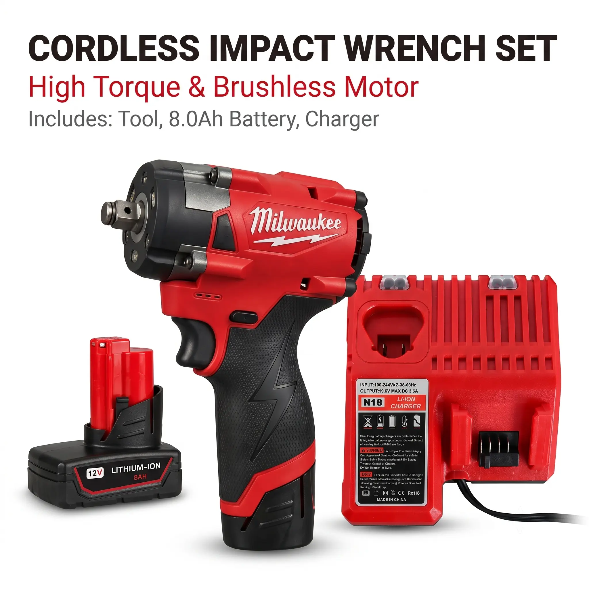 Milwaukee M12 1/2" Brushless Motor Impact Wrench, 300Nm Torque, 4000RPM Power Tool for Mechanic Car Repairs, Tools and Gadgets for Auto Repair Shops cargador powertool speed gift compact drill