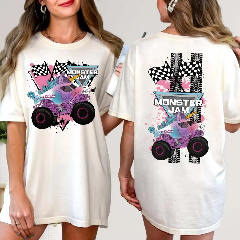 Monster Jam Sparkle Smash Unicorn Truck T-Shirt, Pastel Monster Truck Graphic Tee, Y2K Aesthetic Streetwear, Funny Coquette Racing Top, Oversized, Motorsport, Unisex, Comfortable	