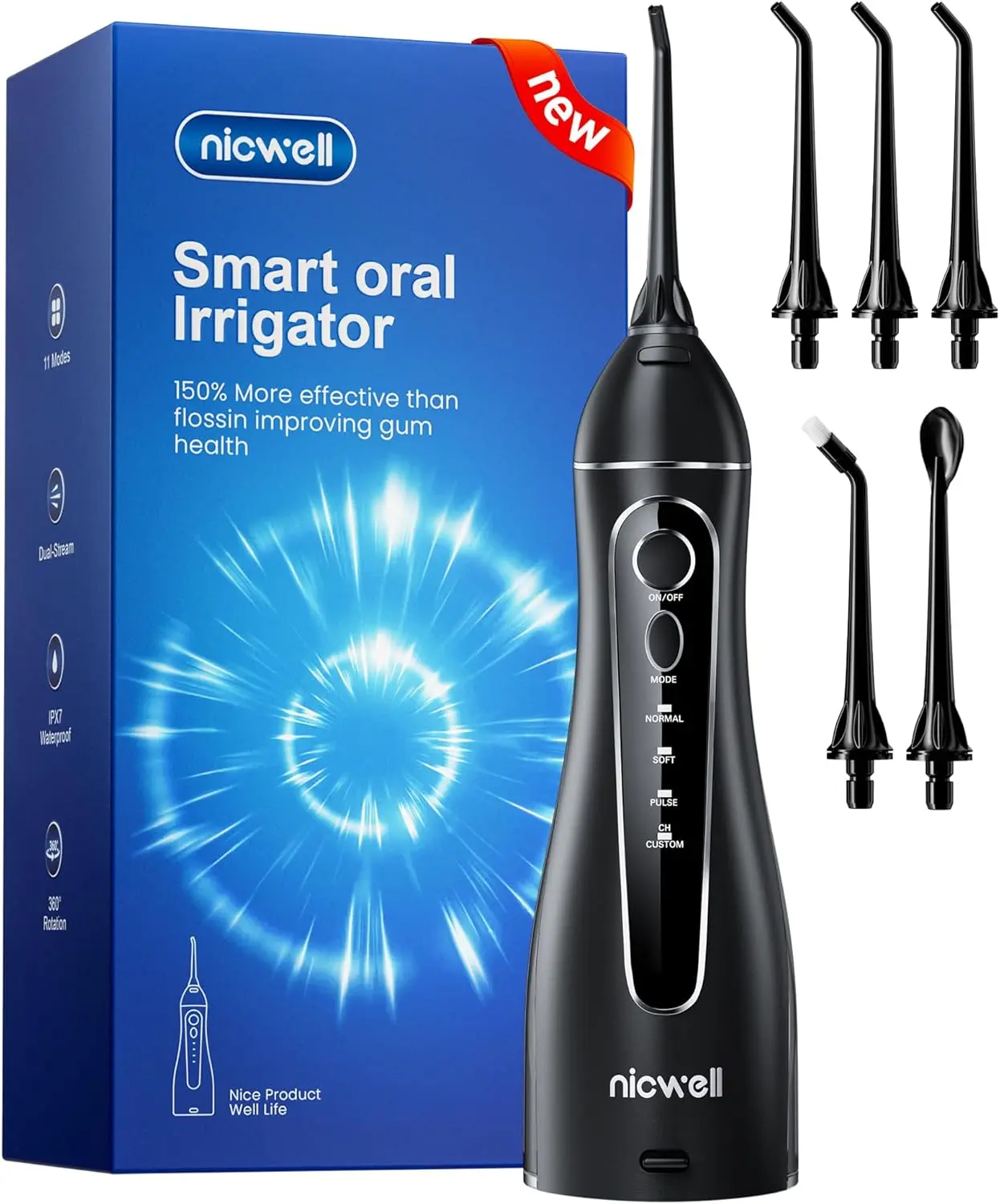 Nicwell Cordless Water Flosser Teeth Cleaner | Rechargeable Oral Irrigator with 4 Modes & Adjustable Water Pressure | IPX7 Waterproof Dental Pick for Sensitive Gum Care | Portable Water Flossing Device for Home, Travel & Shower