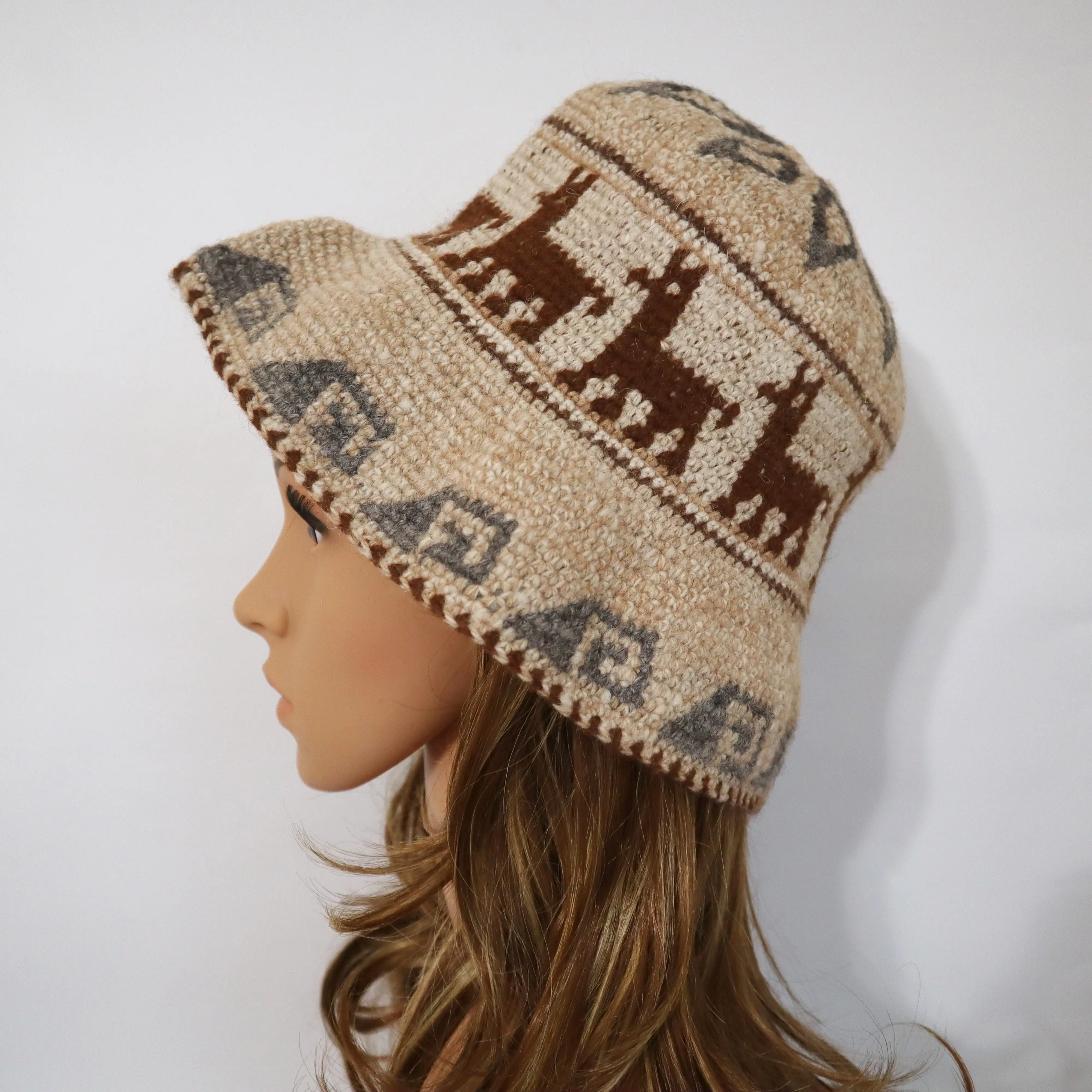 Crochet Roll-Up Peruvian Hat Rustic Thick Knit Sheep & Alpaca Wool Grey Ivory Color Small Size Unisex