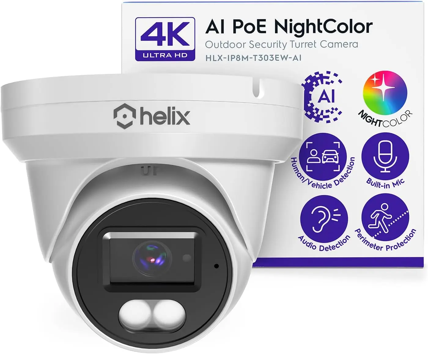 Helix 4K/8-MP AI IP PoE Security Camera (HLX-IP8M-T303EW-AI) - PoE Powered, Turret Mount, 98ft Night Color, Human Detect, NDAA Compliant, Indoor Outdoor Surveillance, Built-in Mic, MicroSD Slot, Deterrent