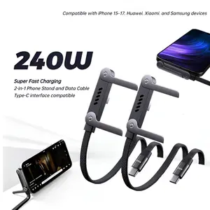 【2pcs】Invisible Stand Type-C Charger Cable, 240W Super Fast Charging 2-in-1 Charging Cord & Phone Holder for Gaming, Office, Car Travel – Black