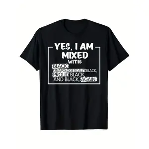 Proud Black History Month T-Shirt Crew Neck Tee Casual Loose Fit Short Sleeve Top with Yes I Am Mixed Print Breathable Knit Fabric Medium Stretch - Sizes S-XXXL Big and Tall Mens Black Casual Cotton Round Neck Short Sleeve Lover Tee T-shirt Women