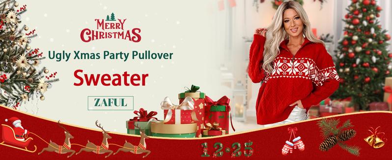 ZAFUL Womens Ugly Christmas Sweater Cedar Snowflake Pattern Knitwear Long Sleeve Winter Pullovers 100% Acrylic Soft Knitted Fabrics Super Comfortable Easy Care