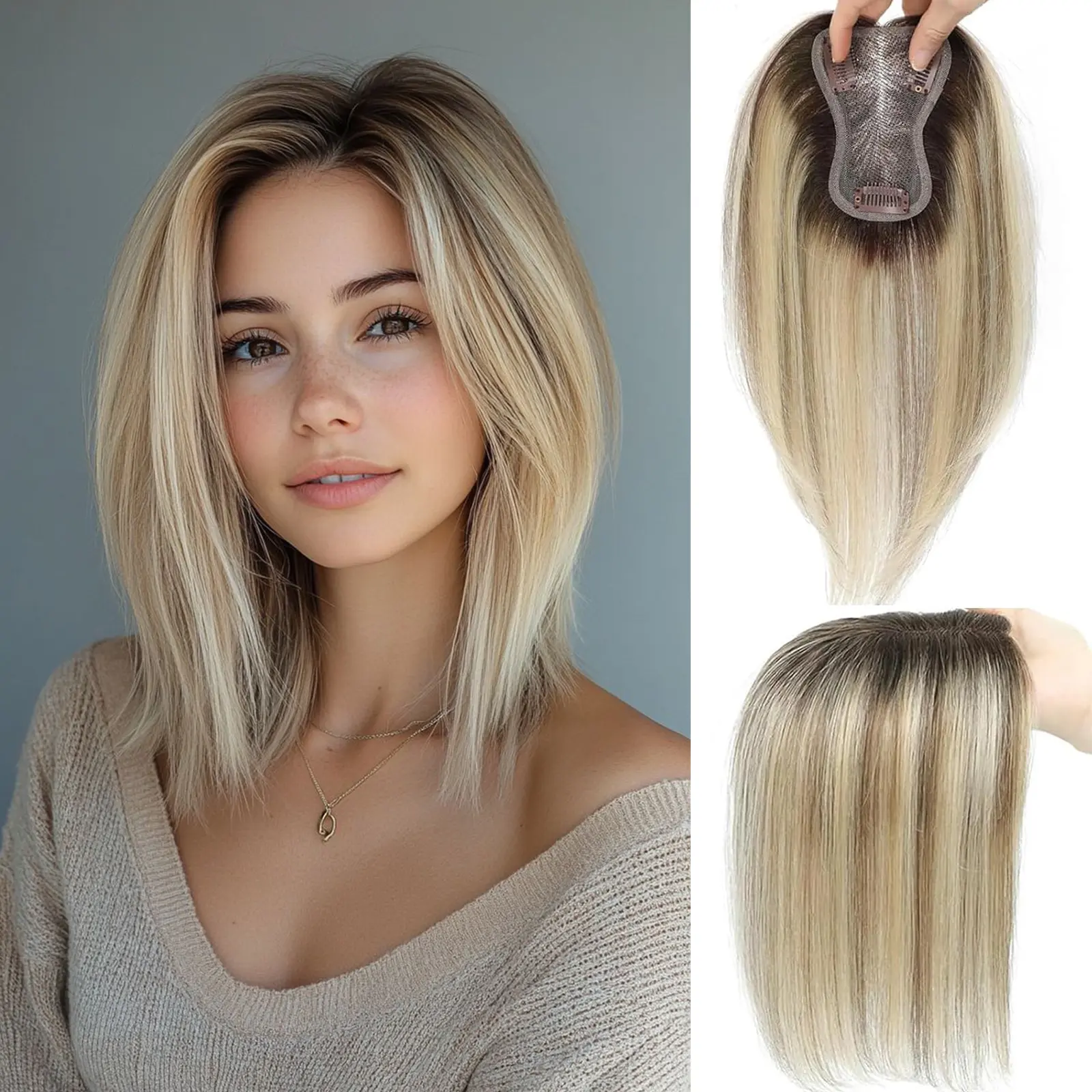 Women's 10-Inch Clip-In Straight Human Hair Topper - Lightweight Swiss Lace Base, Color Matching, Daily Use, Added Hair Volume, Volume Boost, Neat Look