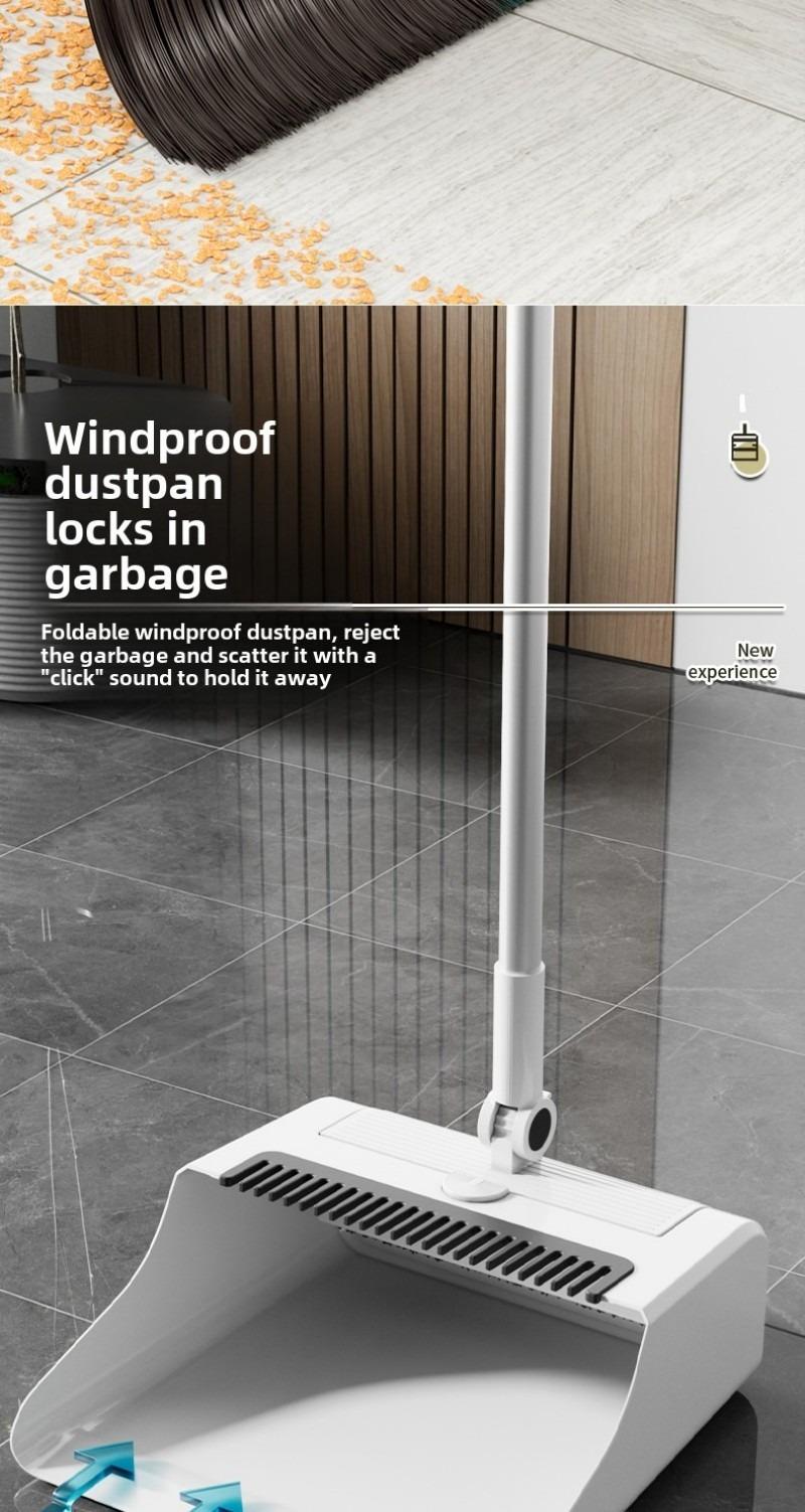 3-in-1 High-Efficiency Ergonomic Long Handle Floor Cleaning Kit Durable Broom Dustpan & Brush Set for Home Office School Dorms with Extended Scraper Non-Stick Hair Foldable Storage