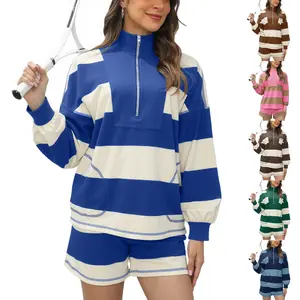 Molitree Women's Striped Two-Piece Outfit Long Sleeve Oversized Lounge Tracksuit with Top and Shorts Featuring Pockets Sportswear Sporty Style Clothes Sweatsuits Set