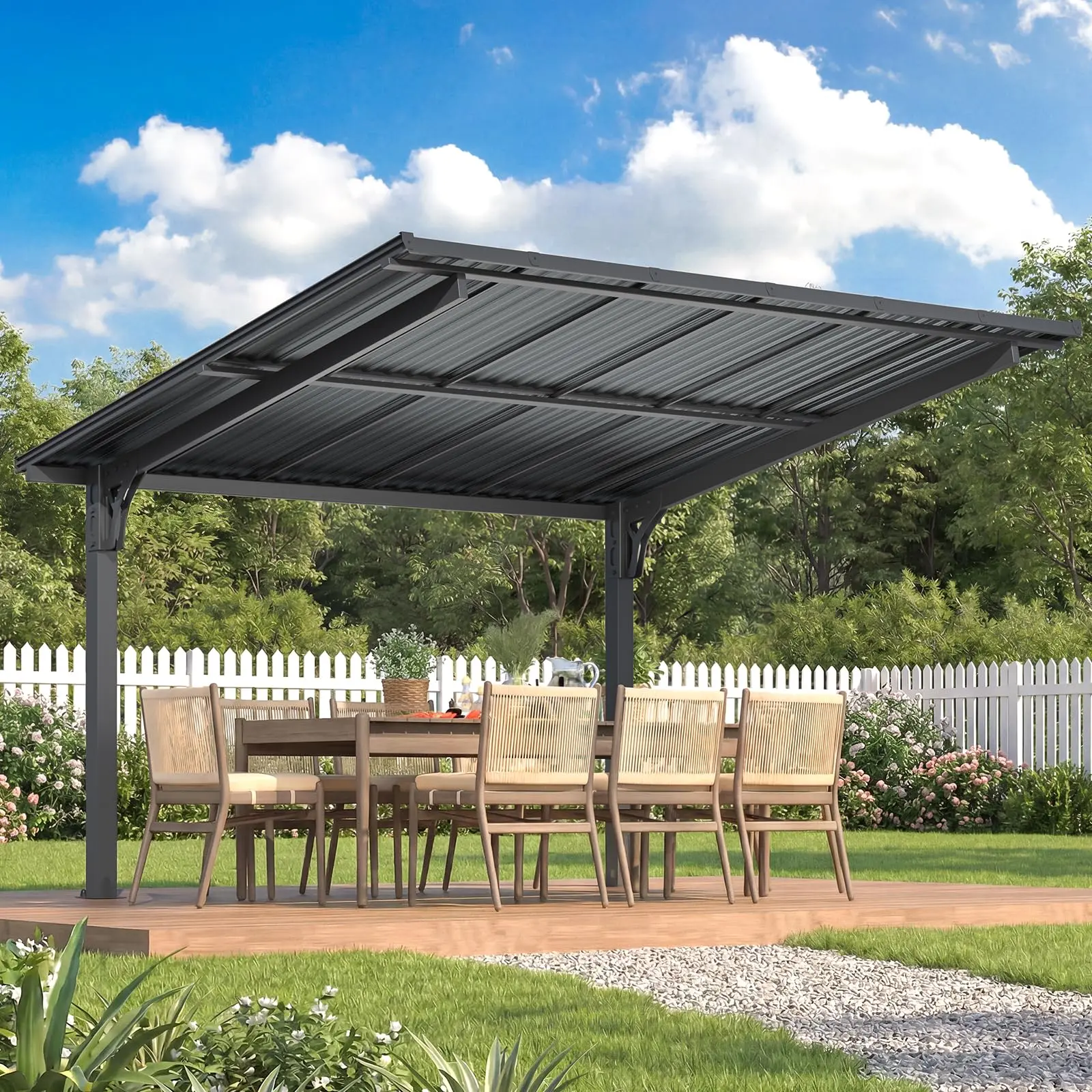 【3 Package Shipping】AECOJOY Outdoor Lean-To Hardtop Gazebo, Galvanized Steel Roof Pergola with Heavy-Duty Frame, Freestanding Grill Canopy Awning for Patio, Deck & Backyard