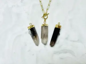 Smoky Quartz Goddess Kali Pendulum Necklace Gold Plated Paperclip 18" Chain and T-Clasp