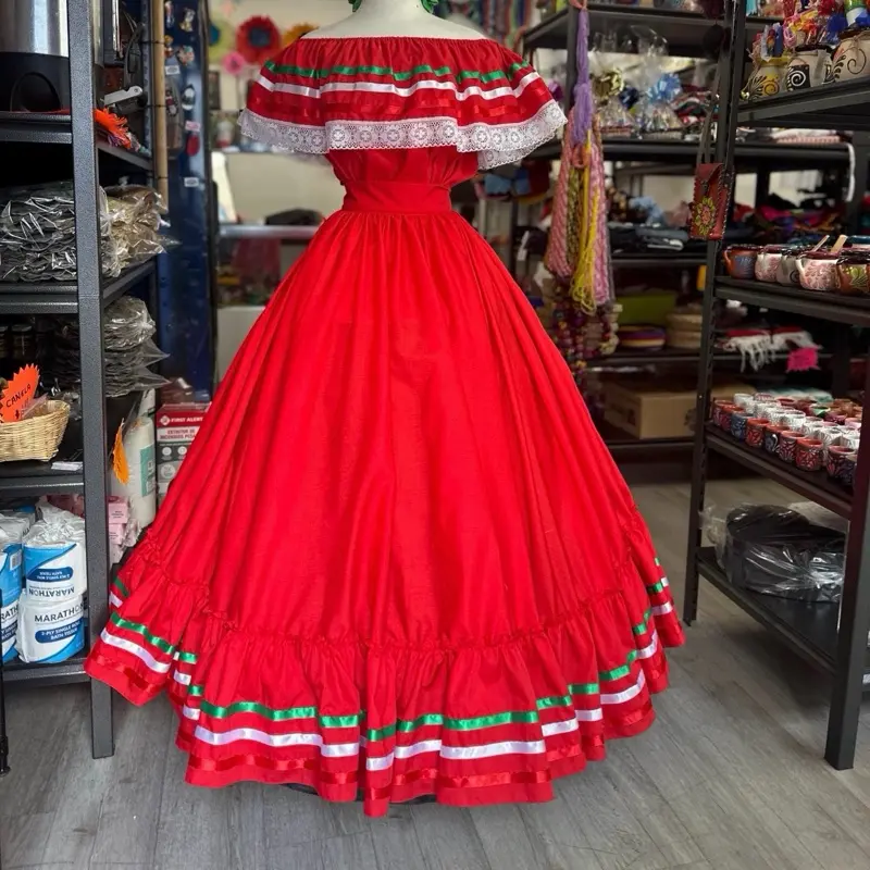 Tricolor 2 piece set Folklore Mexican Solid  skirt and blouse Womenswear