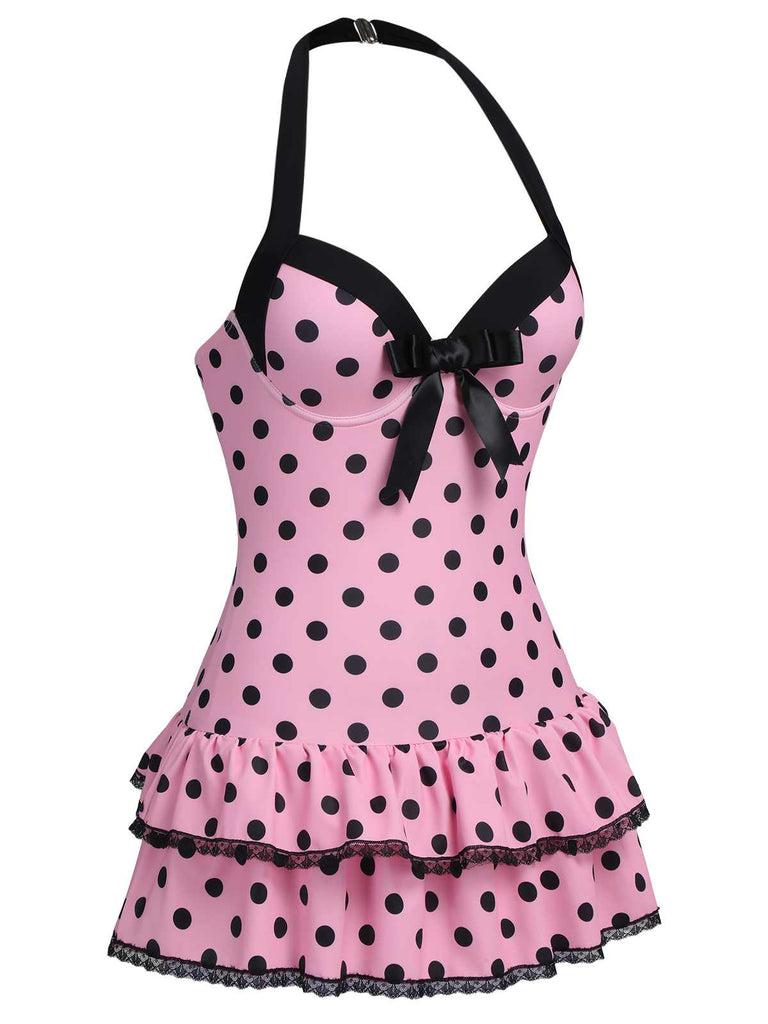 PINK 1940S HALTER POLKA DOTS BOW ONE-PIECE SWIMSUIT Vintage Charm Dainty Bow Ruffled Hem Comfortable Fit Backless Design Womenswear Comic Womenswear