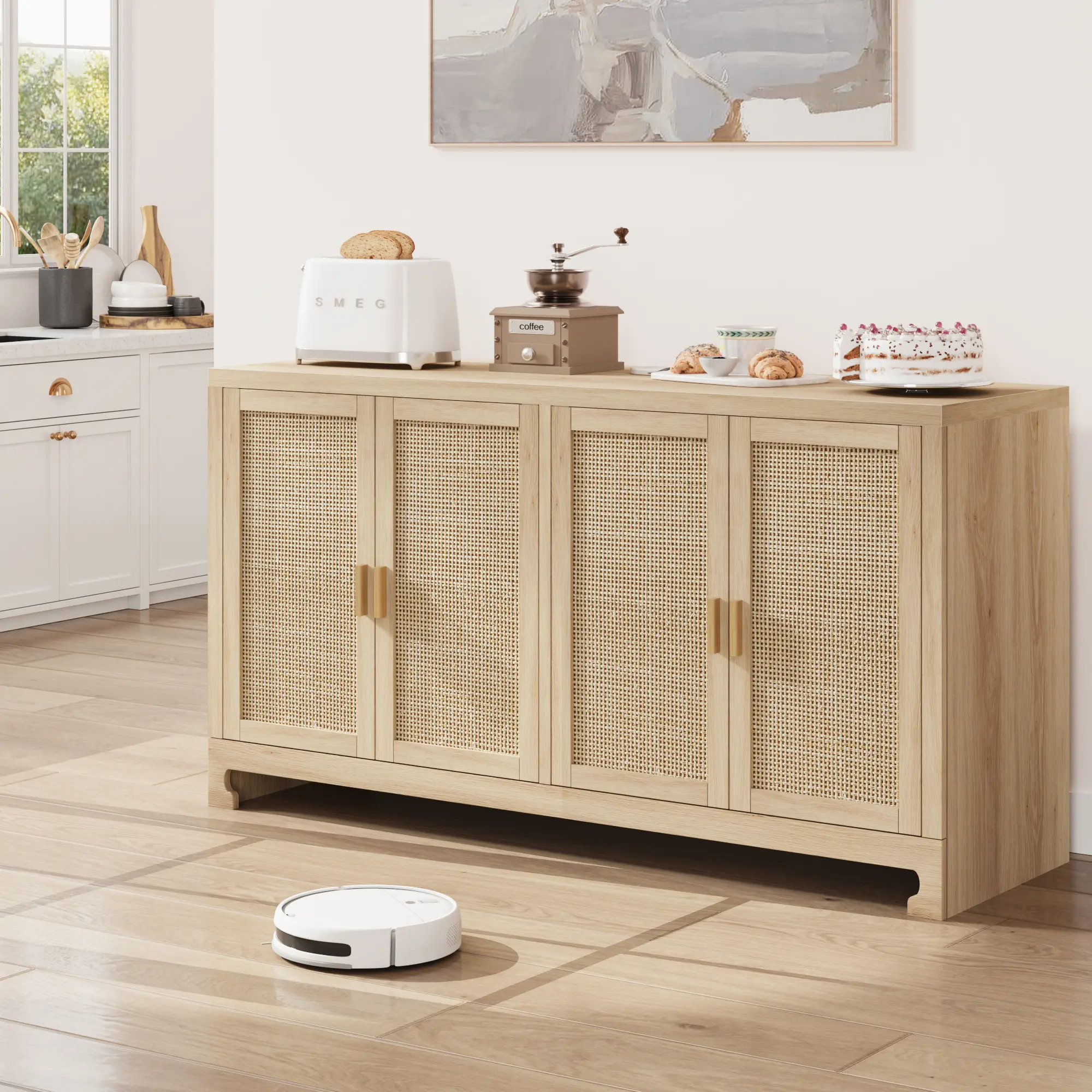 【Christmas Gift】WhizMax 62-Inch Rattan Storage Cabinet with Doors and Shelves