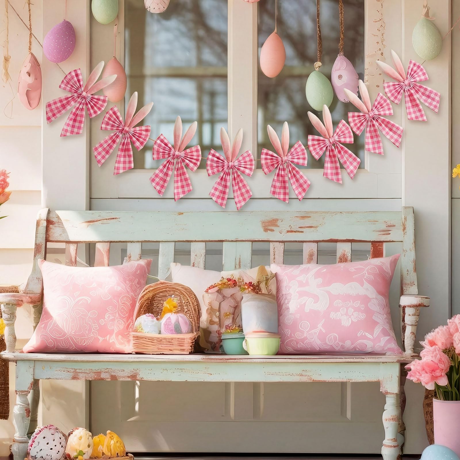 Easter Bow Garland Pastel Fluffy Tulle Satin Bow Banner Bunny Ear Plaid Pink Bow Garland Cute Hanging Wreath Garland for Mantle Fireplace Wall Door Mantel Decor, Spring Indoor Outdoor Home Table Backdrop Easter Decor 2026 Festive Party Supplies & Gifts