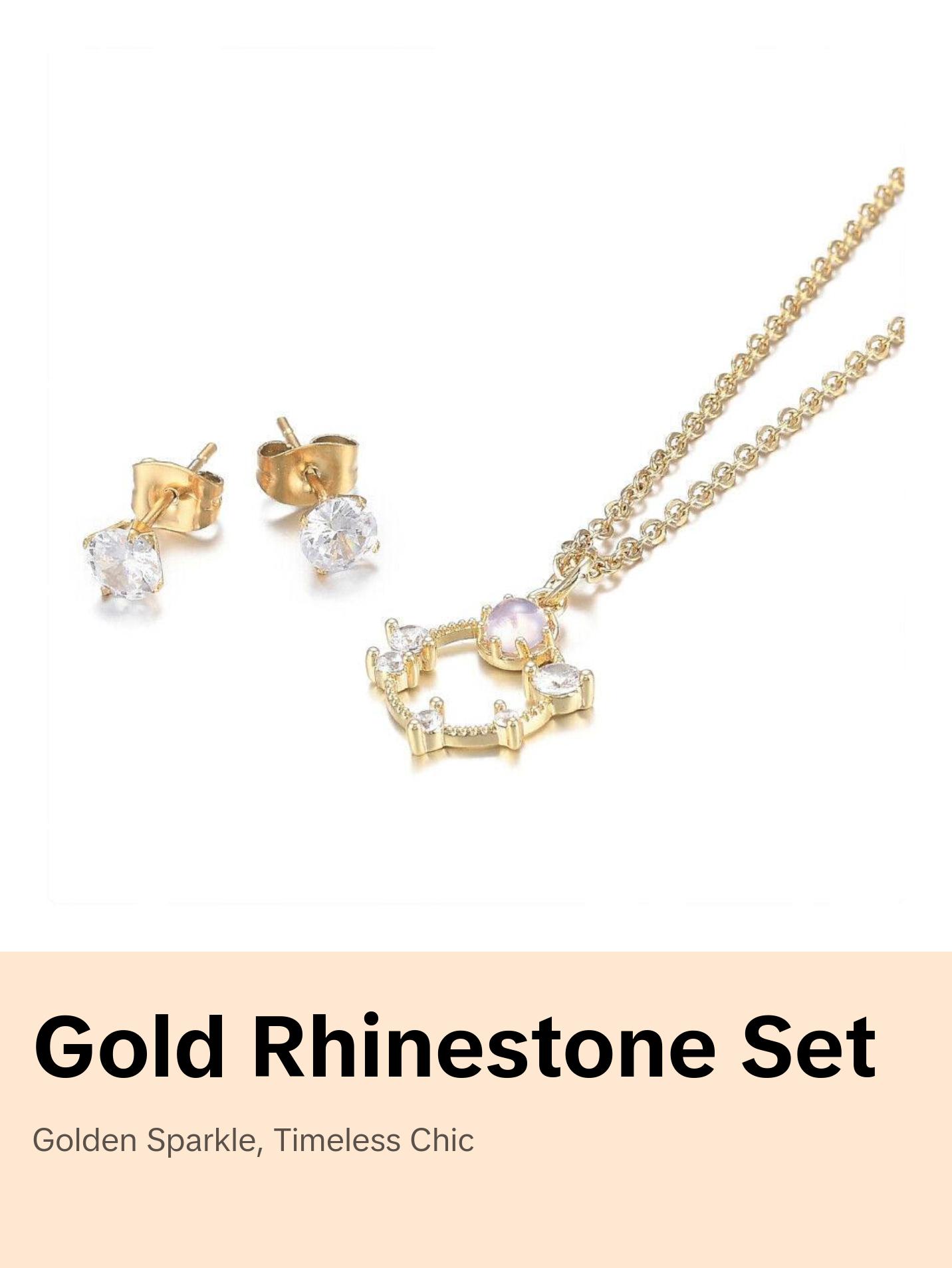 Stainless Steel Set Ring Pendant Necklace Stud Earrings Lobster Gold 18" Z771