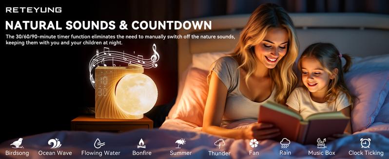 RETEYUNG Sunrise Alarm Clock with Moon Lamp, Home Decor, Digital Dimmable Bedroom Clock, 10 Sleep Sounds, Wake-Up Light, gift for girlfriend/boyfriend