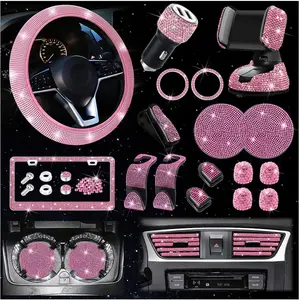 27-Piece Bling Car Accessories Set - Universal Fit Steering Wheel Covers, License Plate Frames, Phone Holder, Car Coasters, Suitable for Fashionable Men And Women