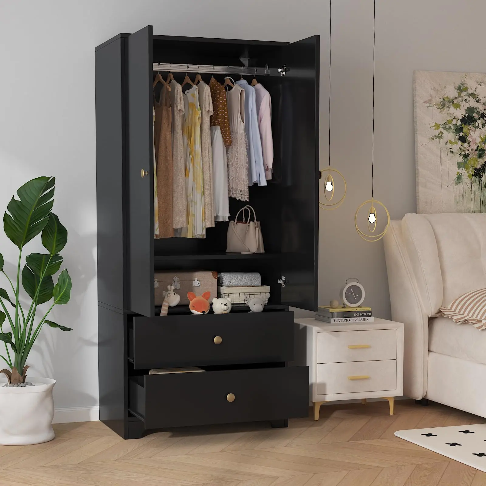 71" Armoire Wardrobe Closet - 2 Doors, 2 Drawers, 19.7" Extra Deep Clothing Storage Cabinet with Hanging Rod for Bedroom, Two Doors Two Drawers