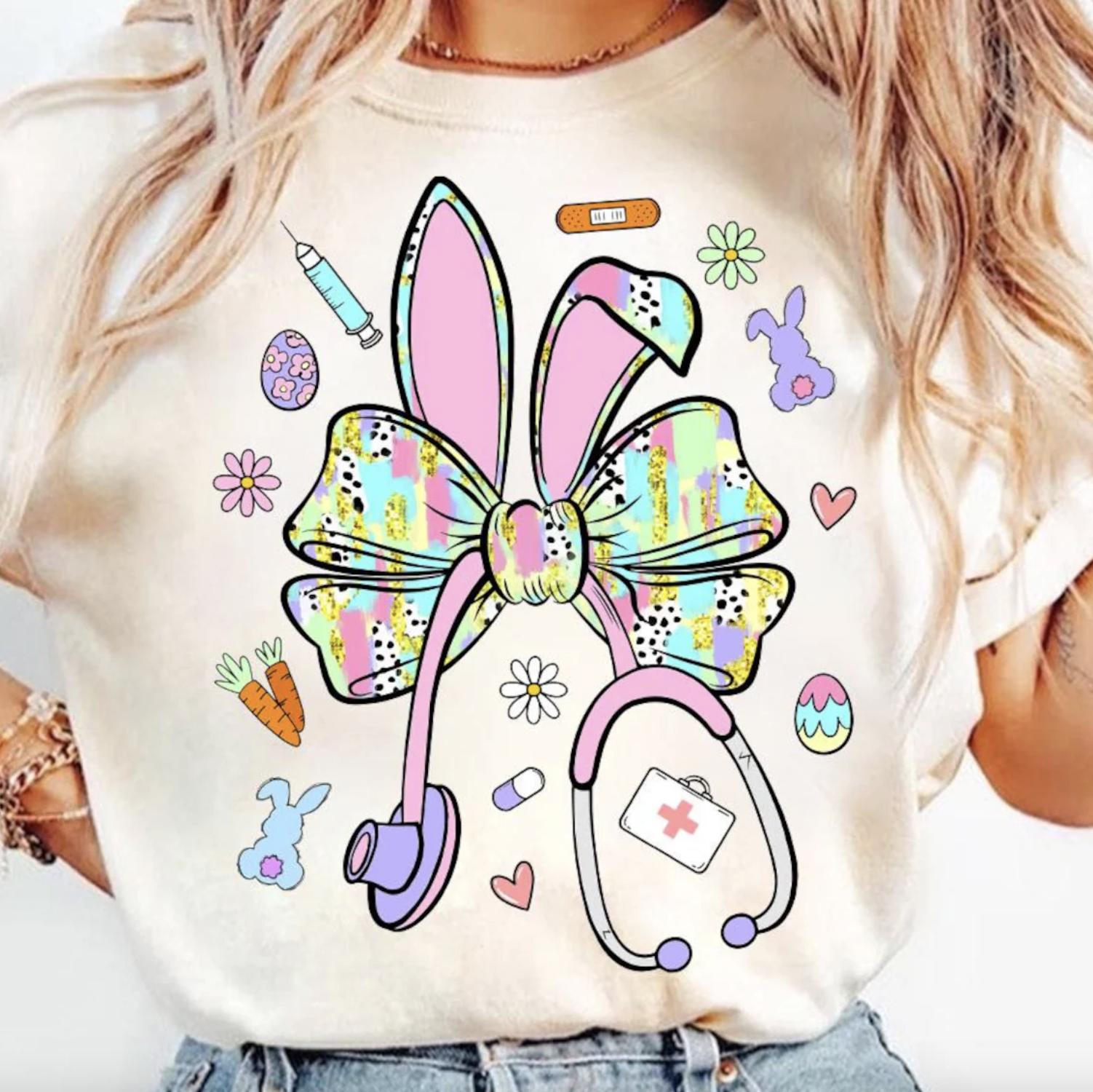 Easter Nurse Coquette Sweatshirt or Tshirt, Stethoscope Tee, Happy Easter Shirt, Nurse Easter Gift, School Nurse Shirt, Nurse Easter Bunny Ears Hoodie