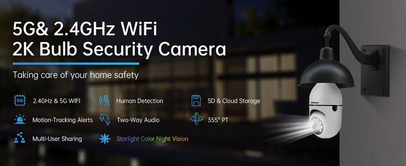 5G&2.4G WiFi Light Bulb Security Camera - 2K Wireless Outdoor Indoor Camera with Motion Detection & Two-Way Talk