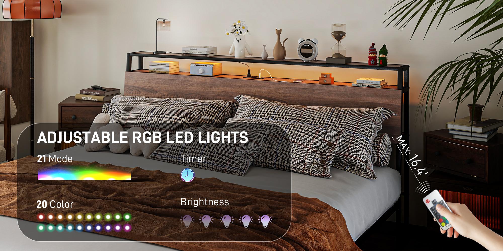 HOMCOM Bed Frame with Storage Headboard, Platform Bed Frame with LED Lights, Charging Station, Steel Slats, Noise-Free & Easy Assembly, No Box Spring Needed