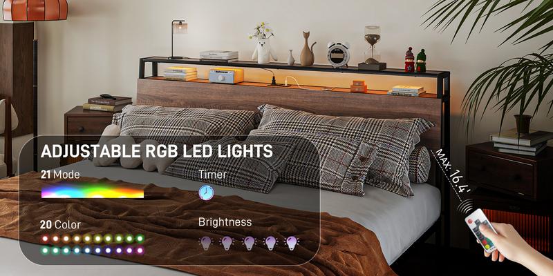 HOMCOM Bed Frame with Storage Headboard, Platform Bed Frame with LED Lights, Charging Station, Steel Slats, Noise-Free & Easy Assembly, No Box Spring Needed