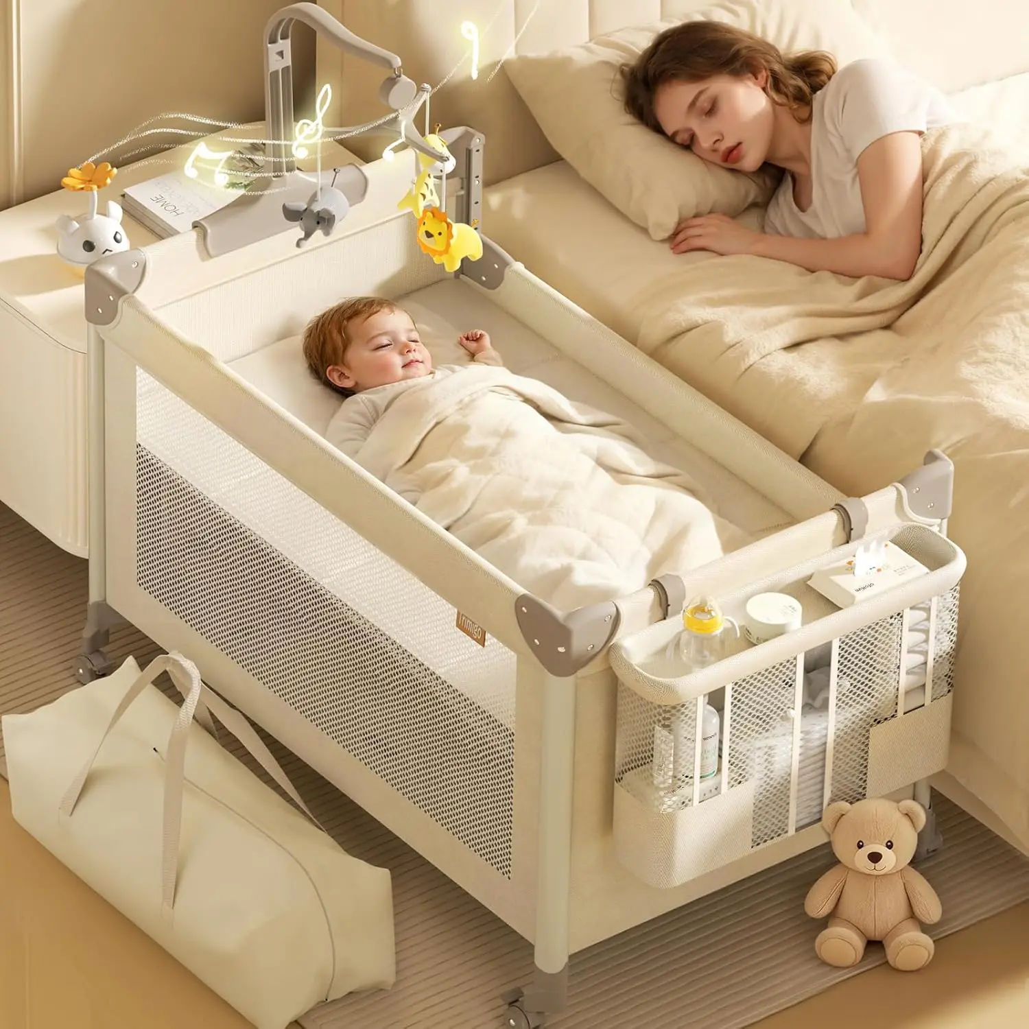 4 in 1 Baby Playard with Bedside Bassinet, Changing Table, Music Mobile and Wheels, Foldable Travel Crib for Newborn to Toddler