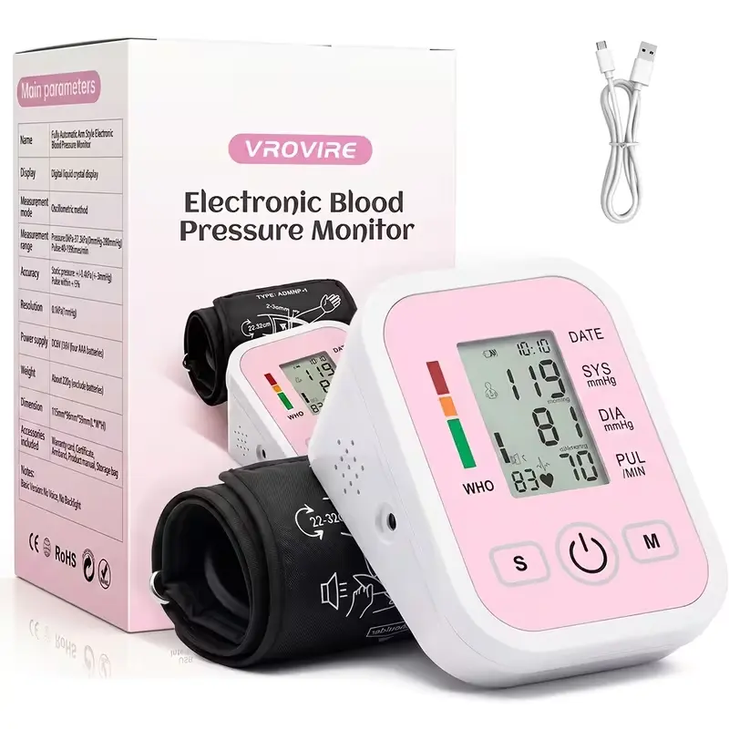 Portable Upper Arm Blood Pressure Monitor with Color Indicator, Large LCD Screen, 22–42cm Cuff and Dual Power Options, Type-C Cable Included