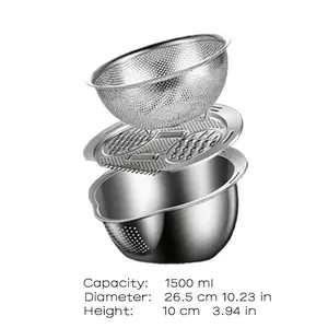 Three-in-One Stainless Steel Colander Set Includes vegetable washing basket, draining basket and chopping tool Versatile for washing rice, fruit and vegetables A practical and durable kitchen essential