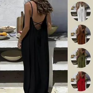 Women's Solid Color Cami Lounge Dress Elegant Sleeveless Long Dress for Summer, Ladies Sleepwear for Indoor Wear